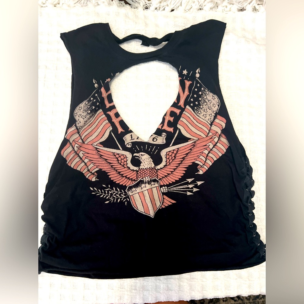 Windsor cut-out front and back Moto top with lace-up sides and cinched hem.